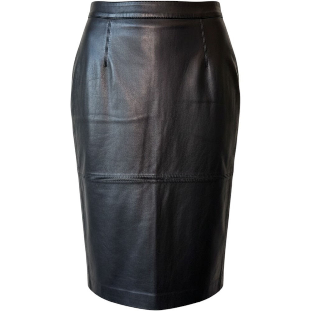 Talbots Women Lambskin Leather Skirt 6 Black Mid Length Back Zip chic night out